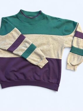 Unisex Colorblock Crewneck Sweater - Green, Beige & Purple